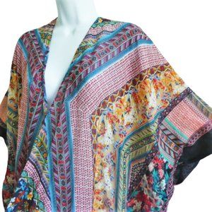 Angie Tassel Kimono Mixed Geo Floral Print Tassel Hem Lightweight One Size